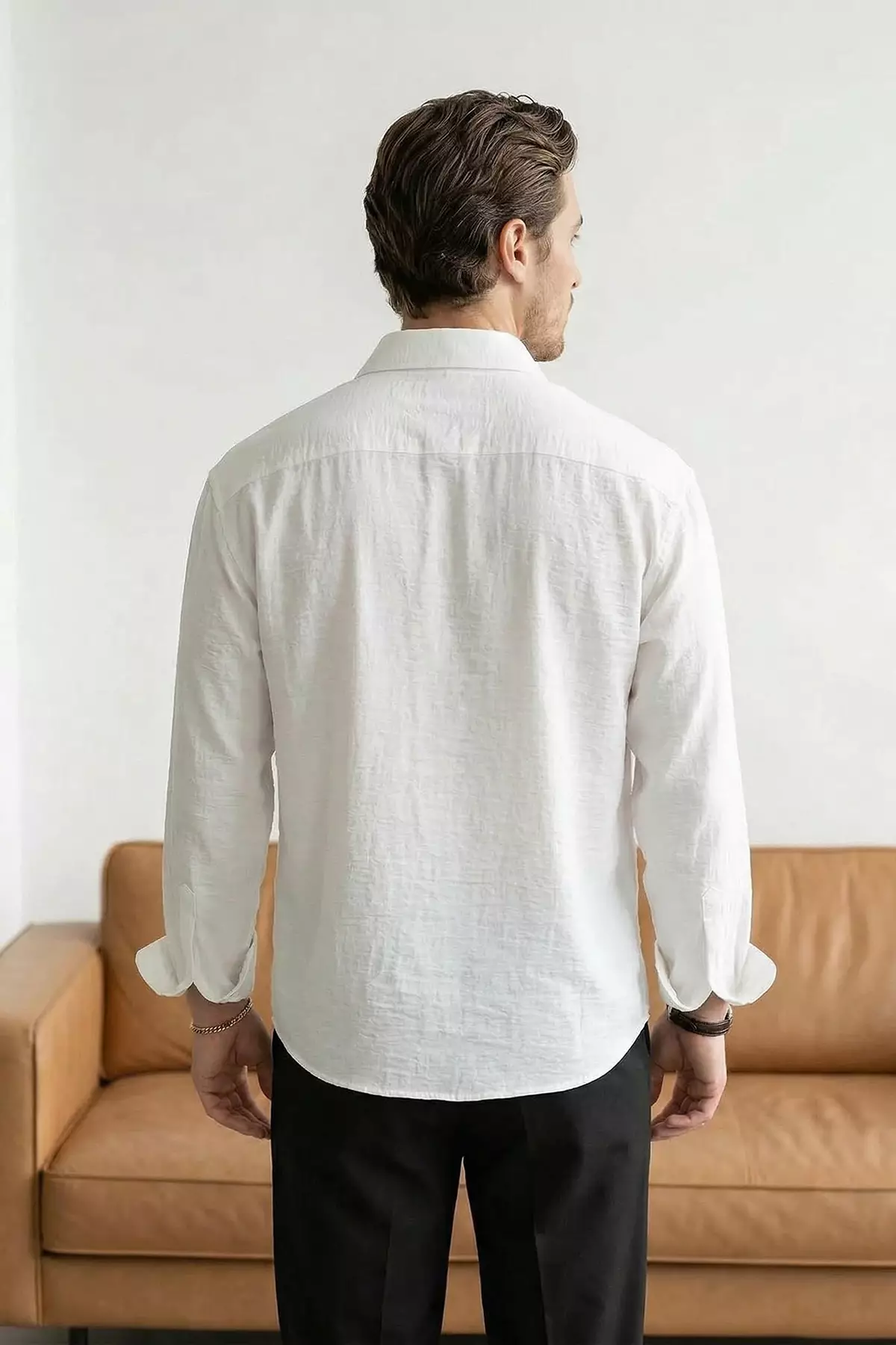 White Linen Textured Long Sleeve Semi Oversized Male Shirt Tmnss26Go00036