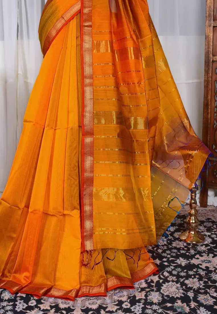 Buy Yeshan Sarees Orange-Yellow Pure-Silk-Cotton Thin-Zari-Border ...