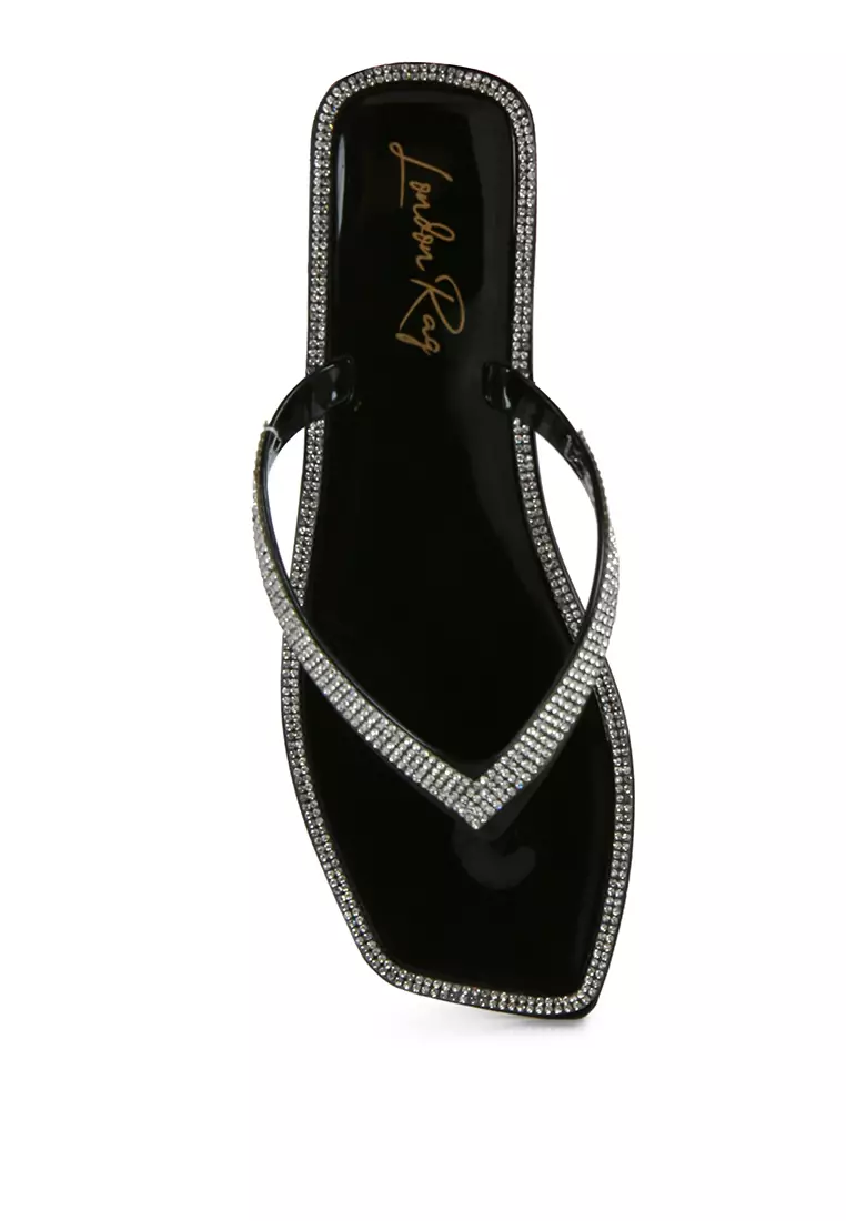 Black Diamante Stud Detail Thong Flats