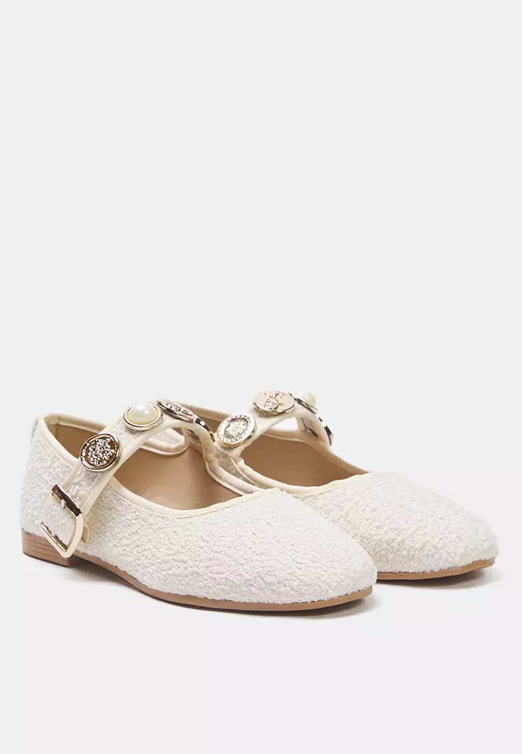 Beige Buckle Accessory Detailed Round Toe Tweed Mary Jane Women's Flat Shoes Takss25Be00011