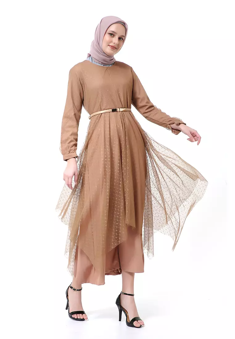 Zahwa Long Dress Gamis Muslimah Long Sleeve Free Belt High Quality - Brown