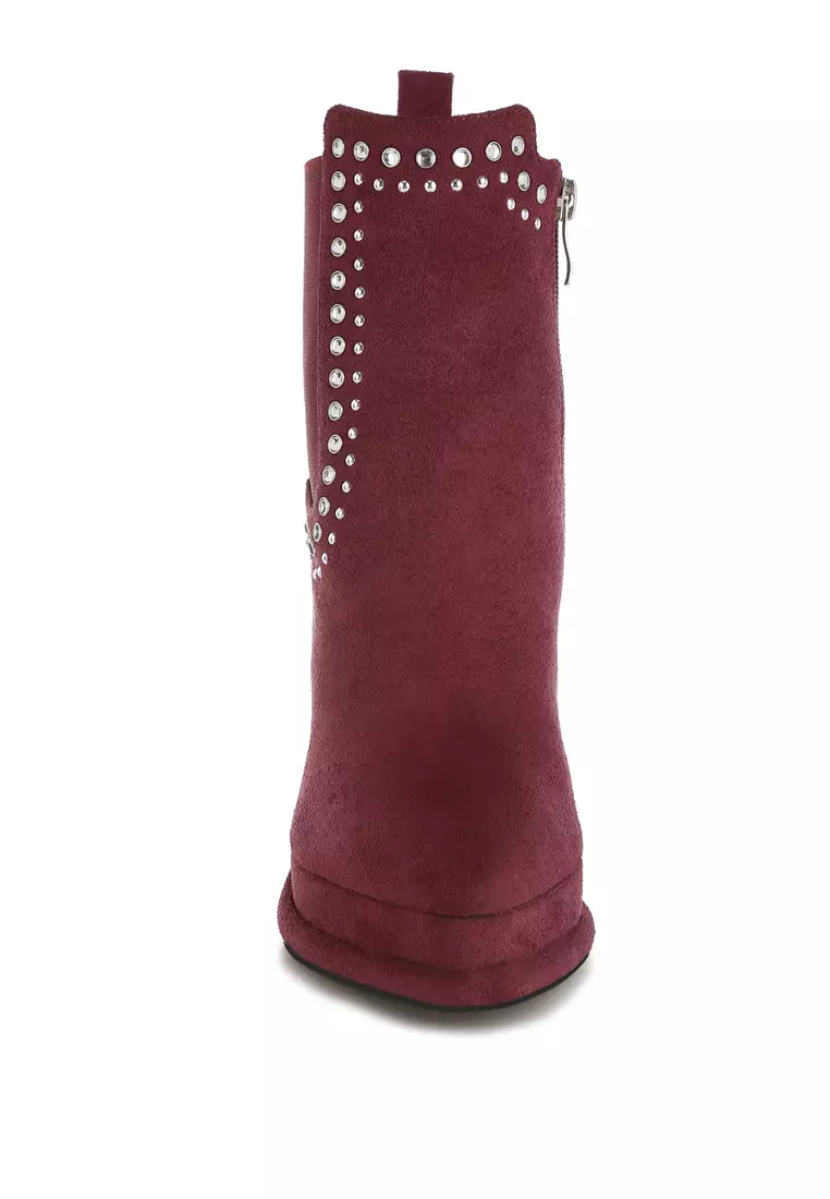 Studs Embellished High Ankle Boots in Burgundy
