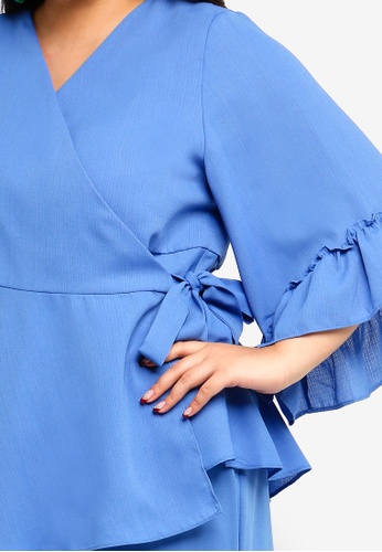 Buy Ruffles Sleeves Wrap Kurung Set from Lubna in Blue only 175