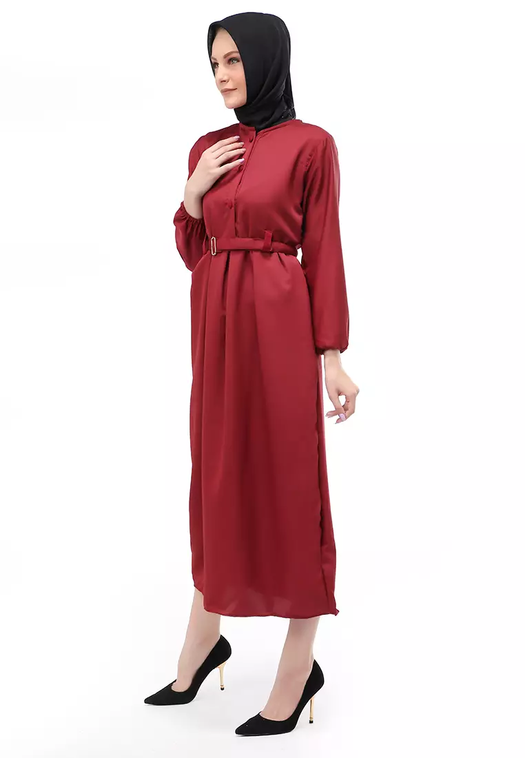 Berliana Gamis Muslimah Wanita With Belt Motif Polos Long Sleeve Relaxed Fit - Maroon