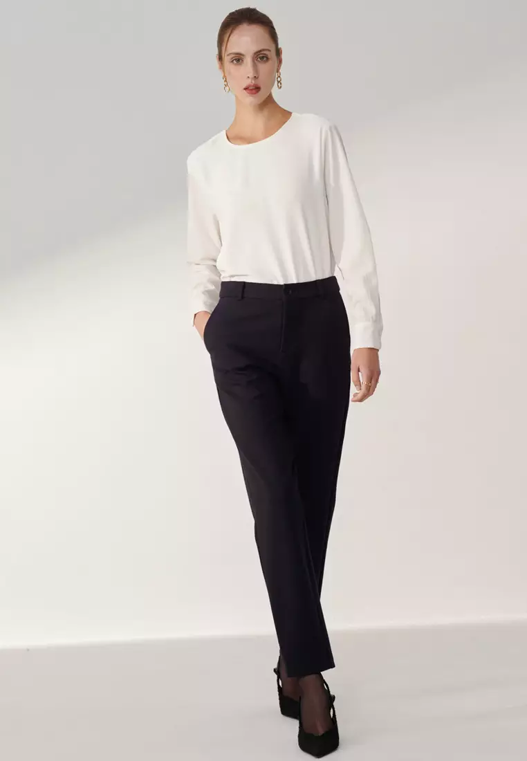 深藍低腰修身針織長褲