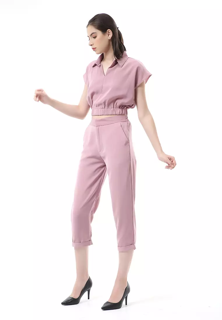 Nayra One Set Setelan Atasan Crop Karet Lengan Pendek Basic Pants Wanita Material Dolce ORIGINAL - Dusty Pink