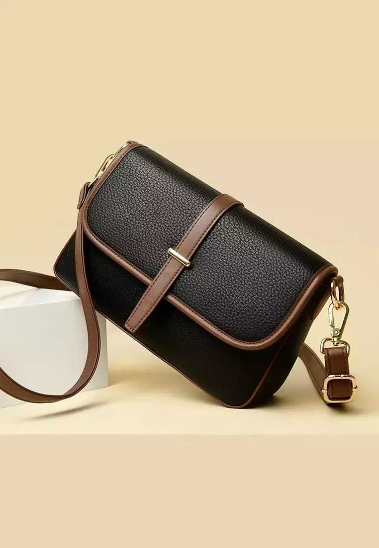 Color Matching Faux Leather Three Way Shoulder Bag