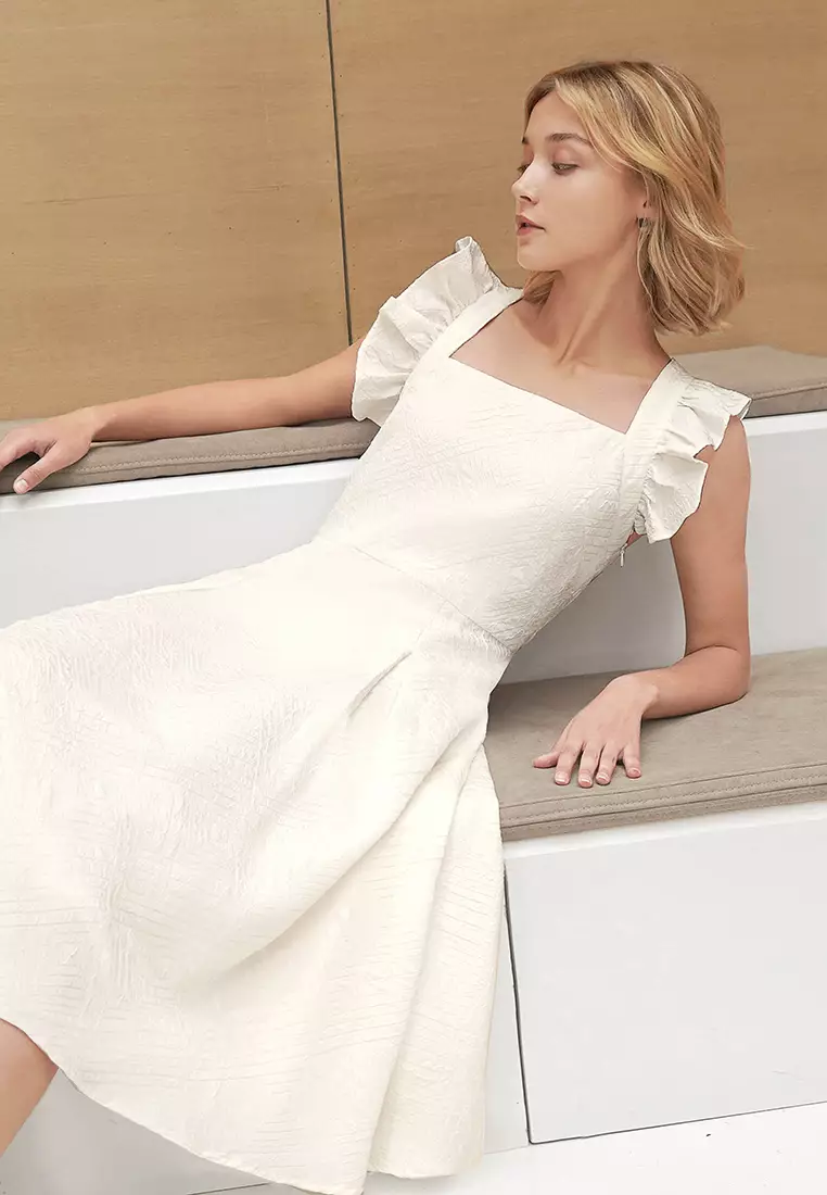 Square Neck Ruffled Detail Textured Midi Dress