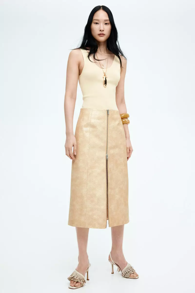 Coated zip-front skirt