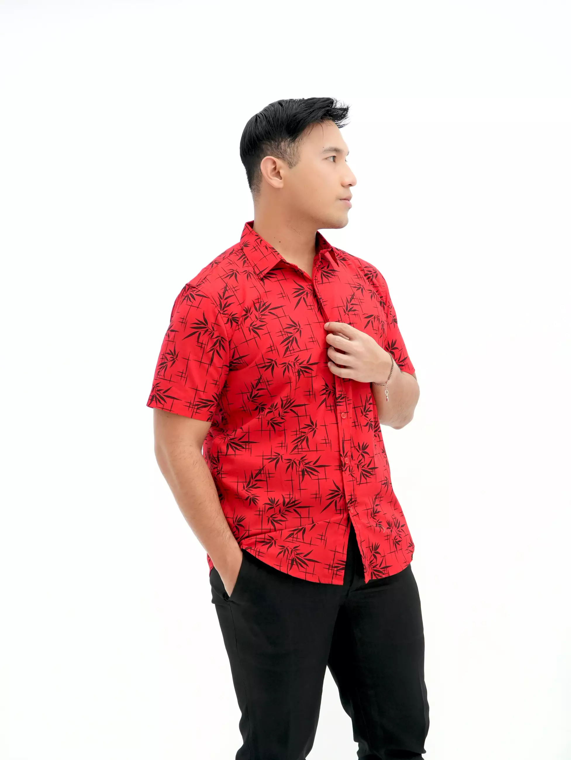 Kemeja Lengan Pendek Merah Motif Bamboo 16879