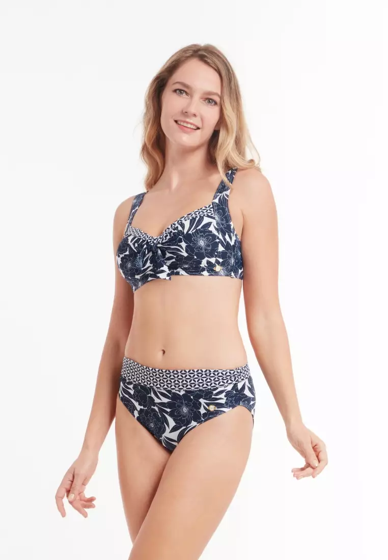 Bold Bloom Navy Plus Cup Tie Front Bikini Top