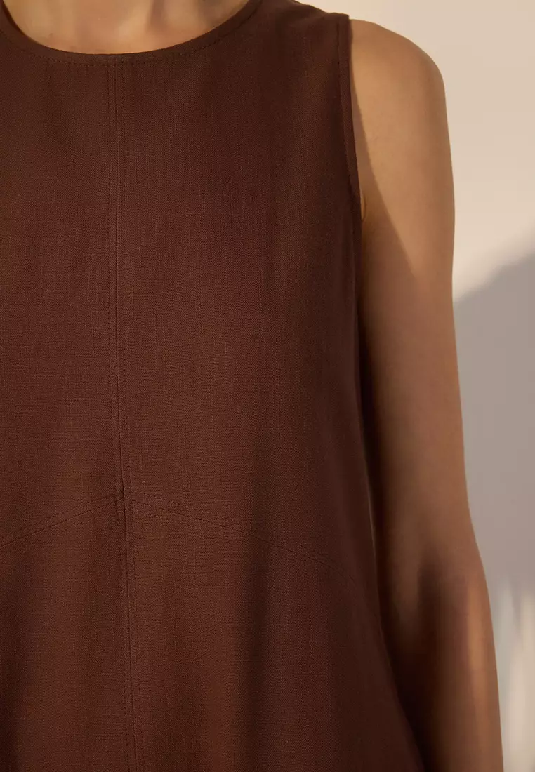 Brown Linen Blend Straight Cut Seam and Pocket Detail Midi Woven Dress TWOSS25EL00652