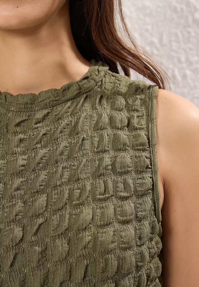 Khaki Plain Textured A Cut/Bell Form Crew Neck Textured Maxi Dress TWOSS24EL00683