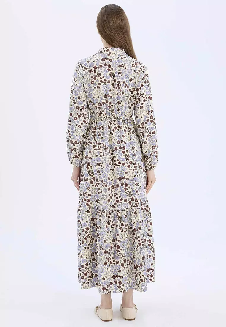 Shirt Collar Print Long Sleeve Maxi Dress