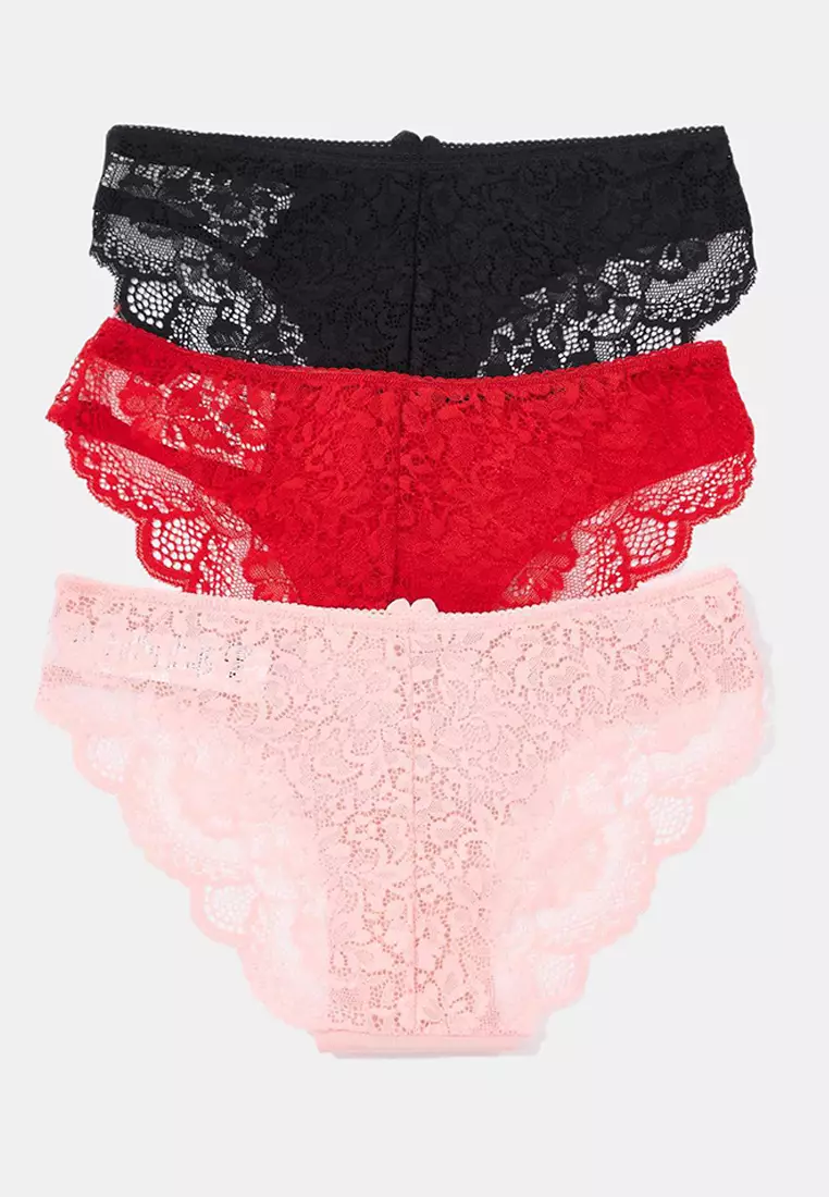 Black Red Powder 3 Piece Micro Lace And Ribbon/Bow Detail Knitted Brazilian Panties