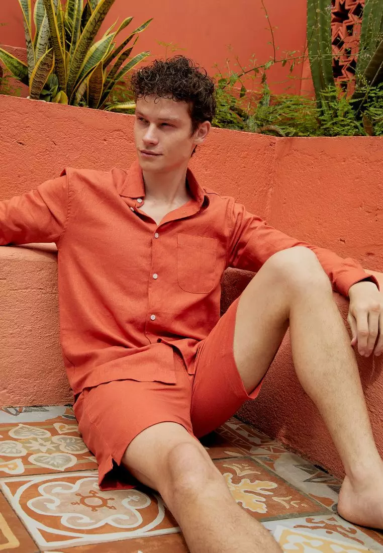 Terracotta Kemeja Linen Lengan Panjang Pria Merah Bata | Linen Long Sleeve Shirt Men Red