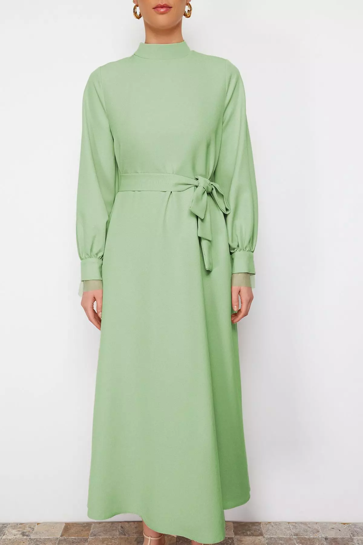 Stand Collar Belt Detailed Dress