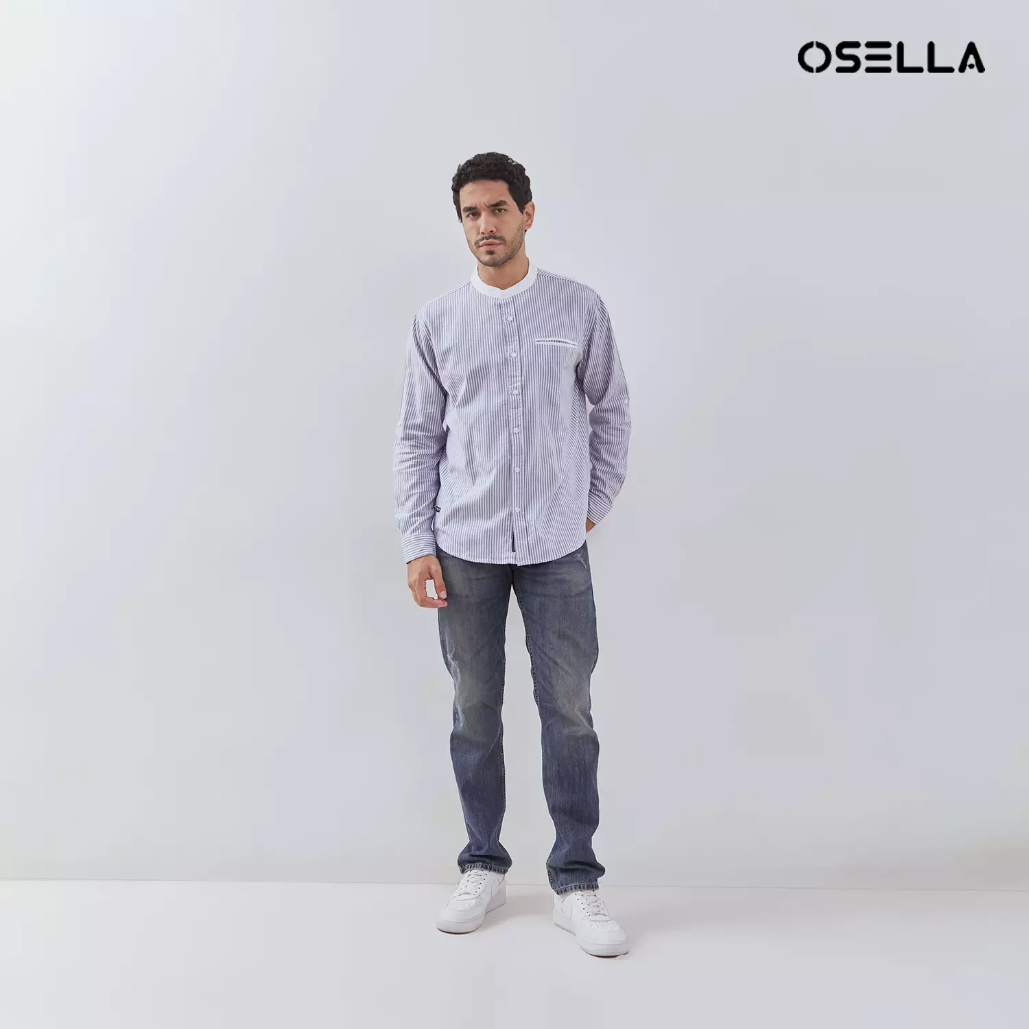 [NEW] Osella Long Sleeve Small Striped Pattern With Shanghai Collared Shirt In Blue And White 2037501760 | Kemeja Pria Lengan Panjang