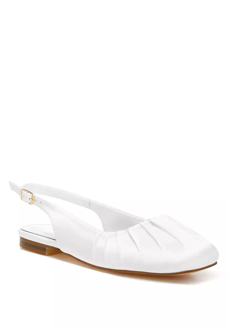 Satin Square Toe Flat Slingback in White