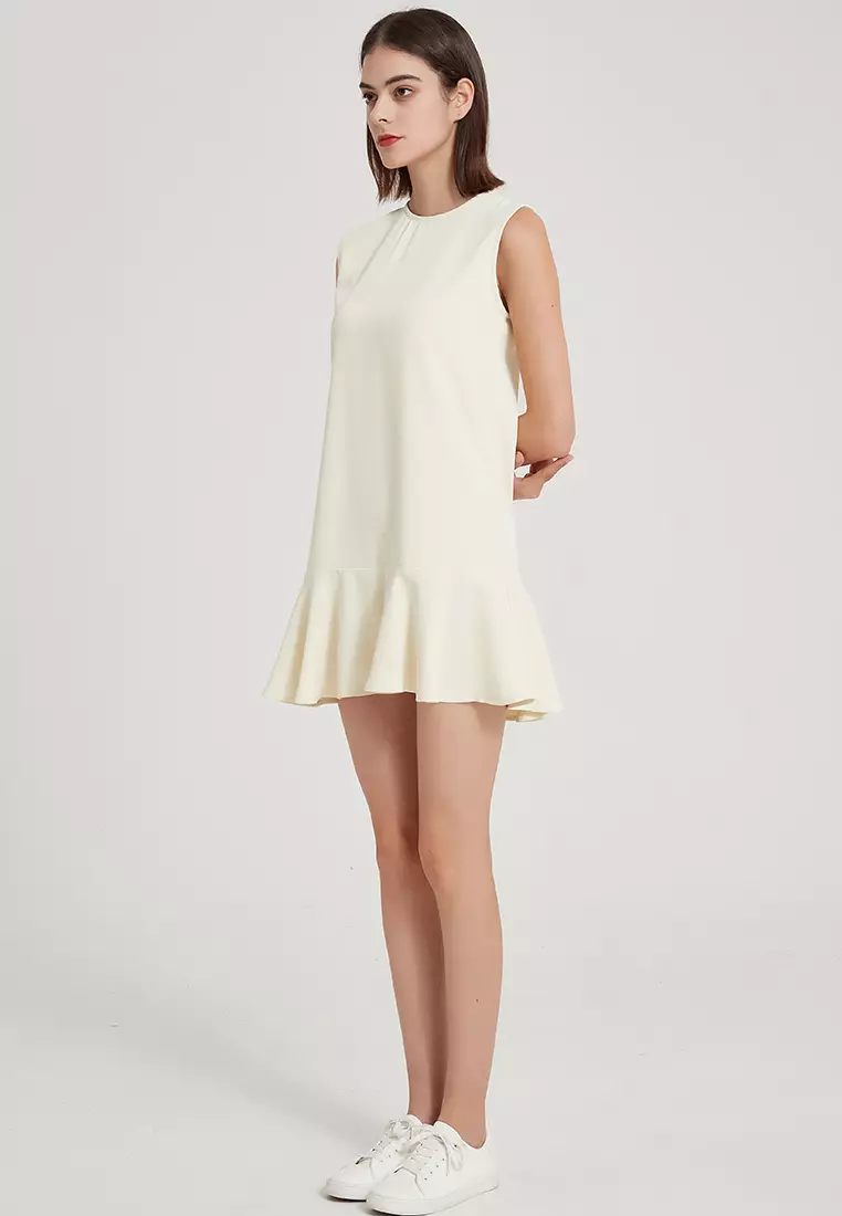 时尚气质高端简约无袖圆领荷叶边背心连衣裙经典纯红哑光缎面连身裙 B22041208YE