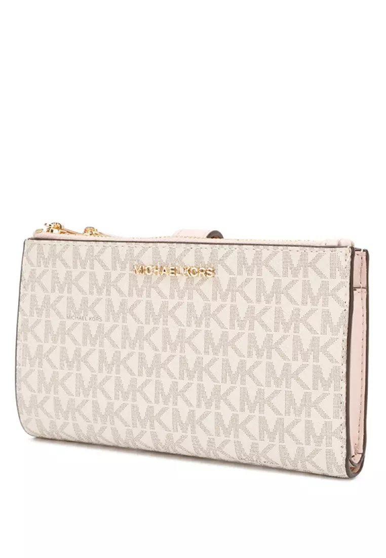 Jet Set Travel Large Double Zip Wristlet In Signature - Vanilla/Power Blush