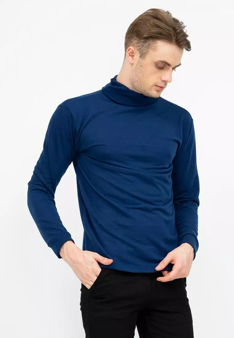 Turtle Neck pria lengan panjang biru navy kaos kerah tinggi slim fit houseofcuff