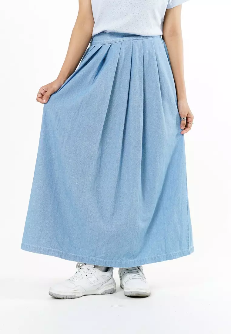 Greenlight Women's Midi Pleated A Line Skirt Cotton Denim Kay HP-C030126