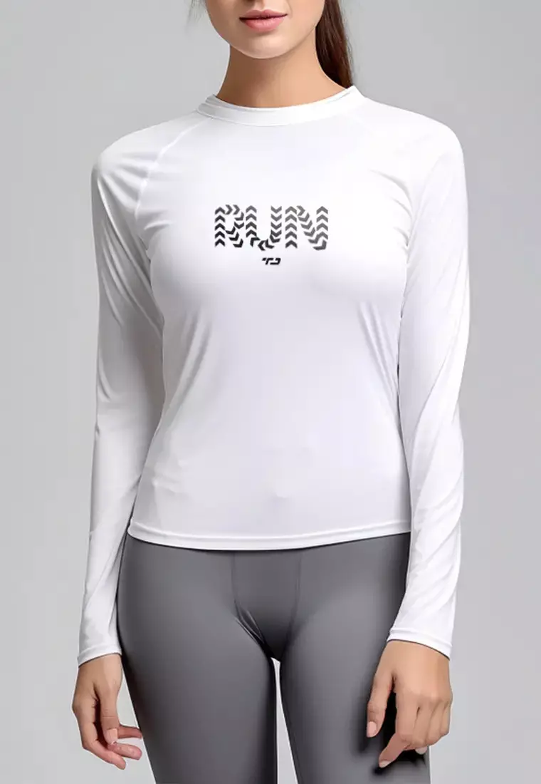 LSD17 baju lari wanita lengan panjang jersey stretch "run dots" putih