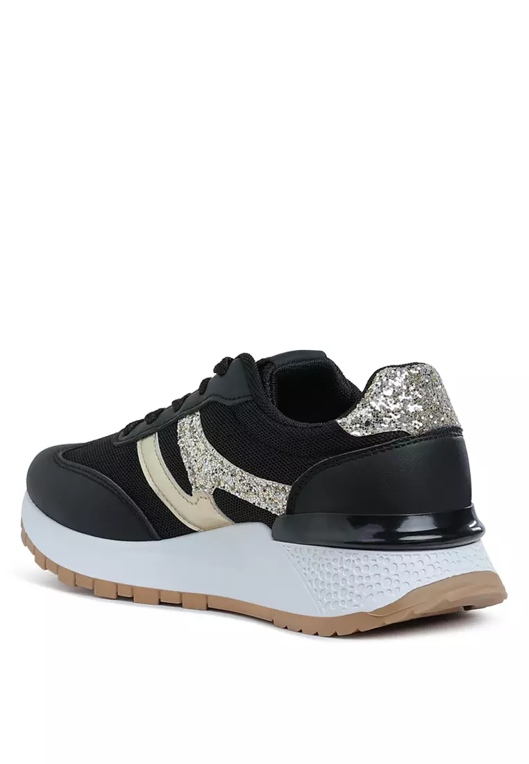 Sepatu Kets Chunky Berdetail Glitter dalam Warna Hitam & Emas