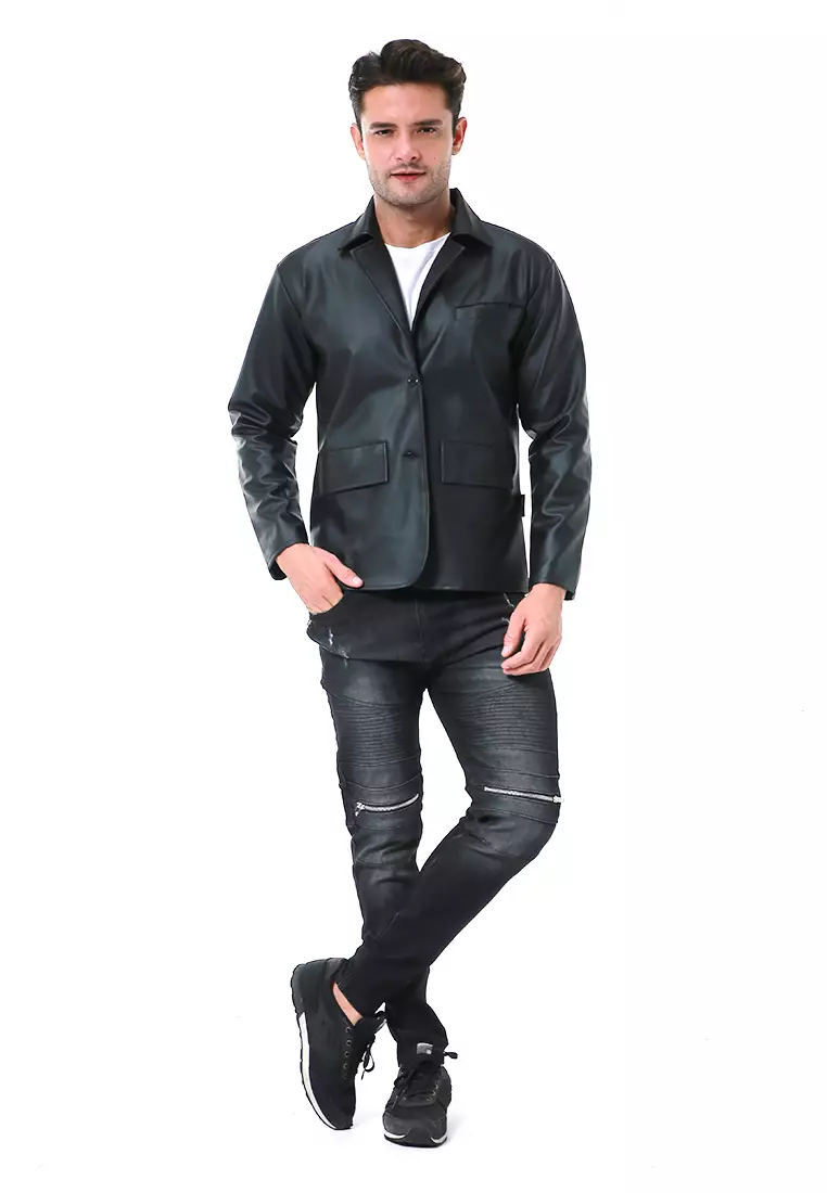 Danny Blazer Casual Formal Pria Outerwear Lengan Panjang Motif Polos Material Leather ORIGINAL - Black