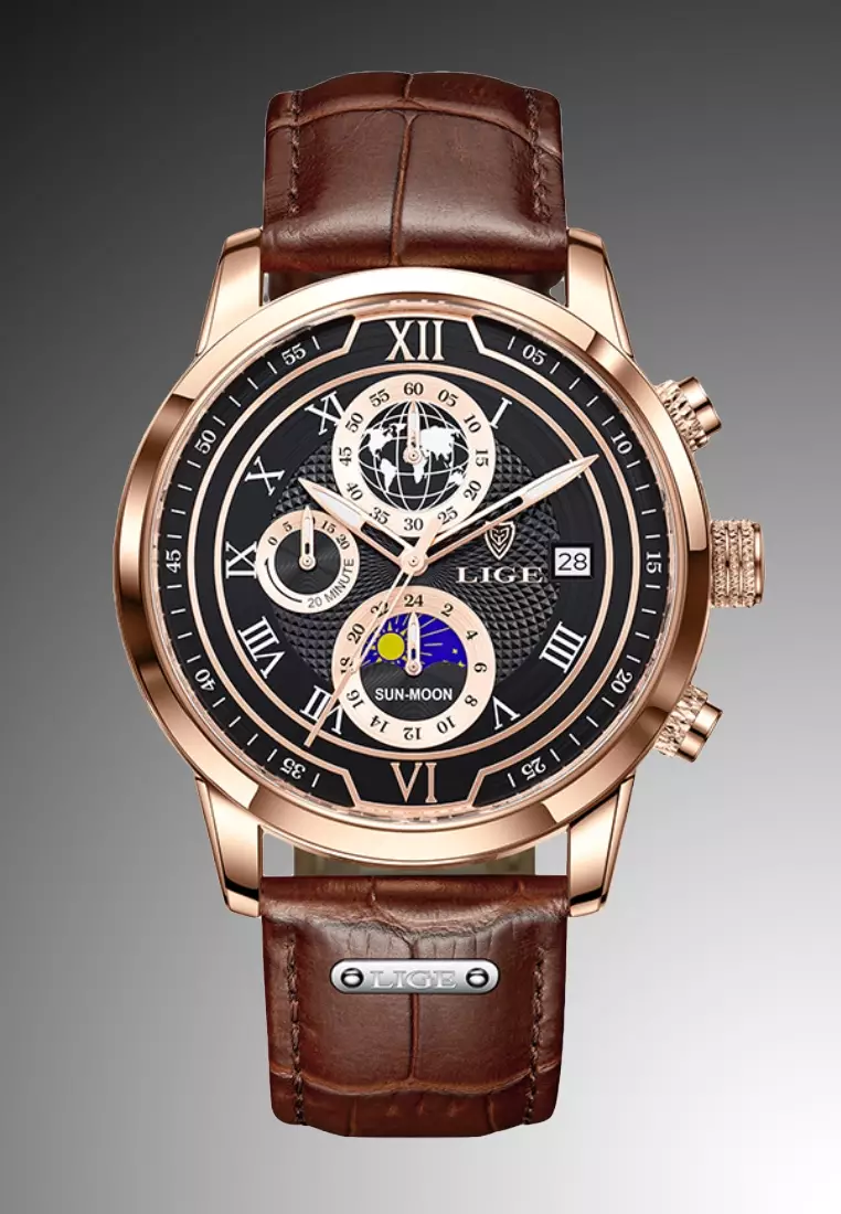 Chronograph Unisex 42mm IP Rose Gold Color Stainless Steel Quartz Watch, Black Dial on Leather Strap