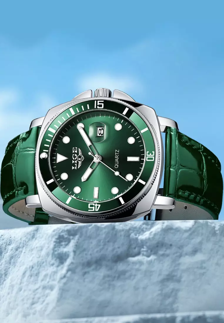 Unisex Classic Diver's Stainless Steel Quartz Watch with turning Bezel, Leather Strap