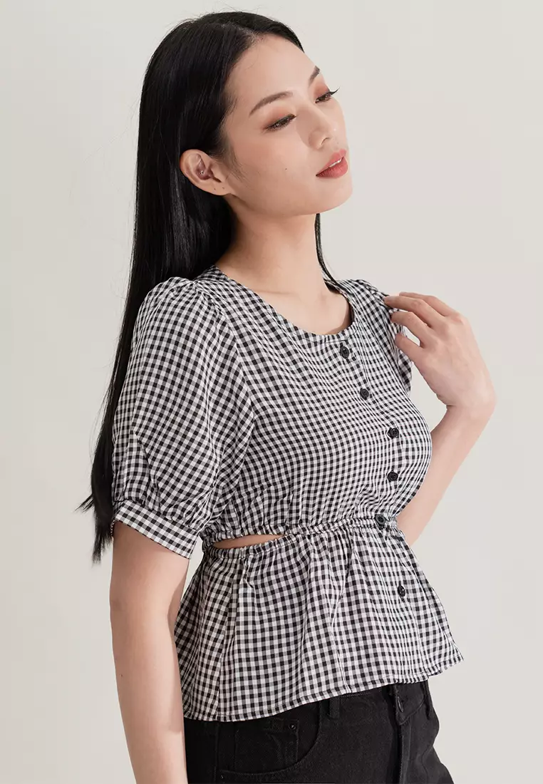 格纹灯笼袖短版上衣