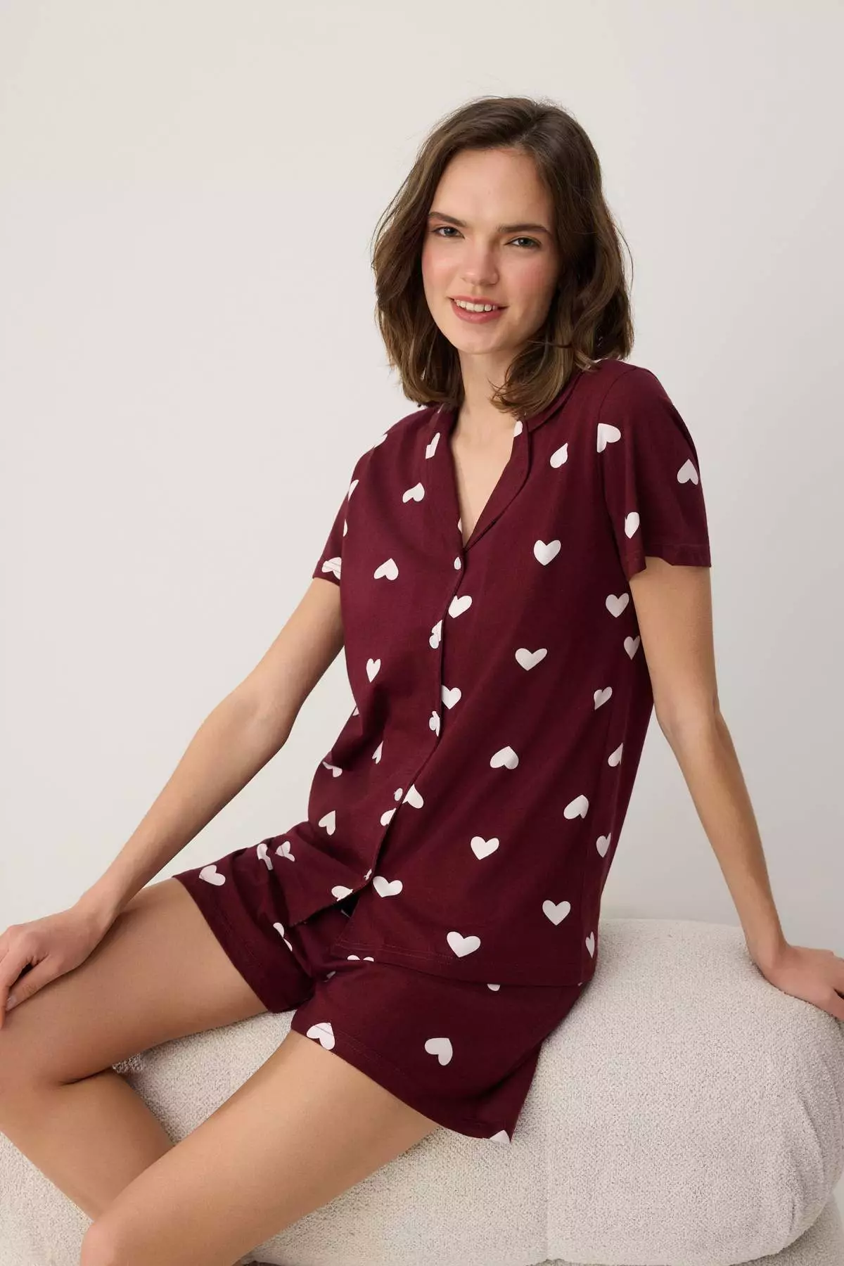 Burgundy 1% Cotton Heart Not Available 3/1 Openend Single Jersey Knitted Pajama Set Thmss21Pt756
