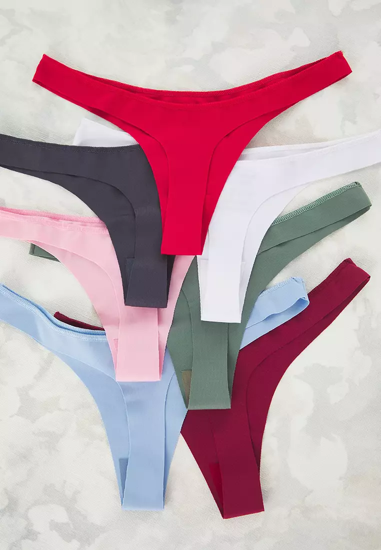 Red-Multicolored 7-Pack Seamless/Non-Trace Laser Cut Micro Thong Knitted Panties THMSS25KU00036