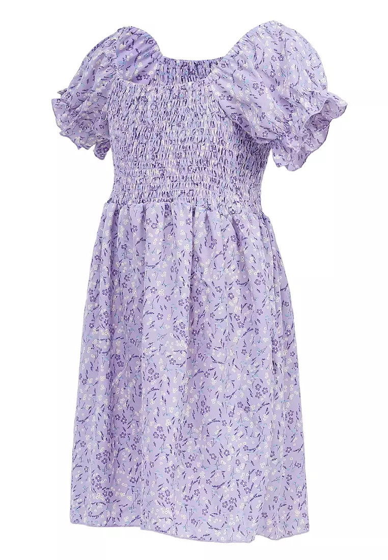 Bianca Gaun Anak Perempuan Flower Motive Kids Dresses Short Sleeve Material Cotton ORIGINAL - Purple
