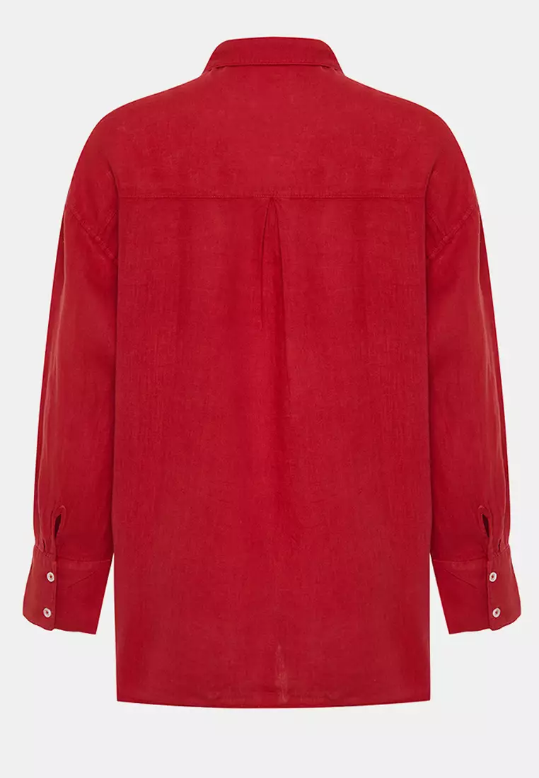 Red 1% Linen Pocket Detailed Oversized Shirt Twoss26Go39