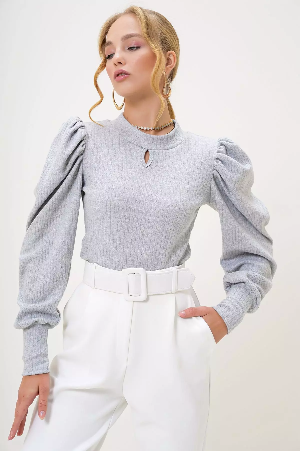 Women's Gray Crew Neck Drop Neck Princess Sleeve Knitwear Blouse