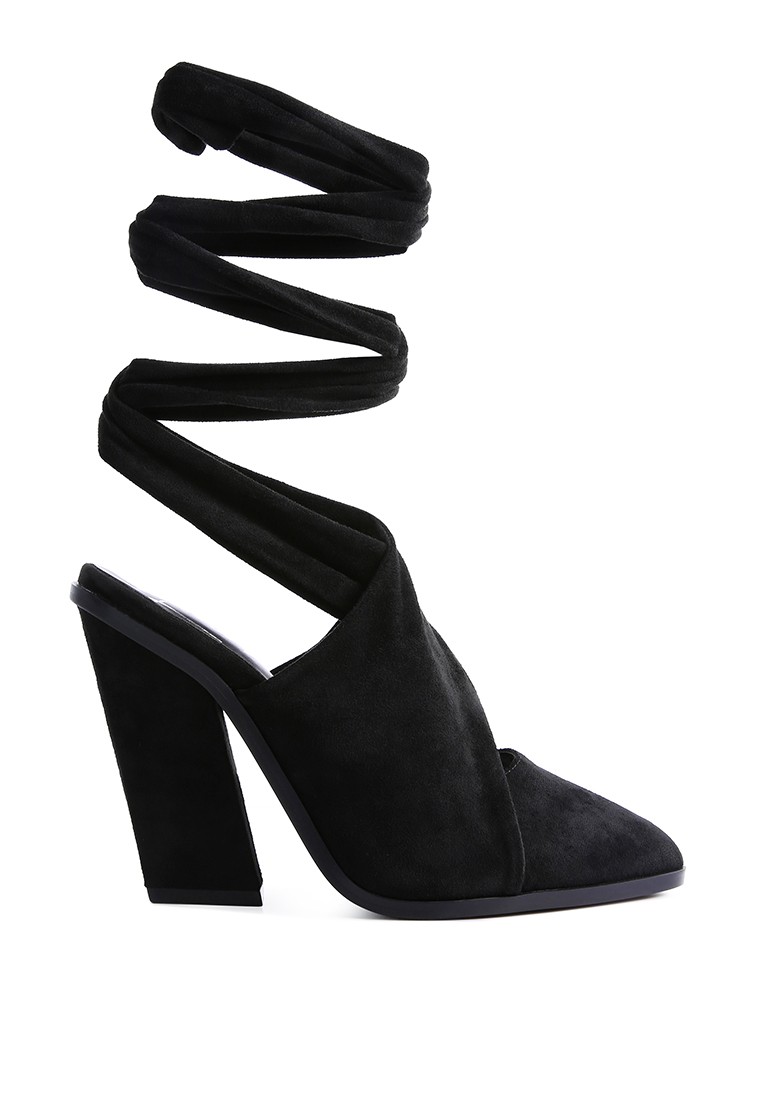 Black Lace Up High Block Heeled Mules