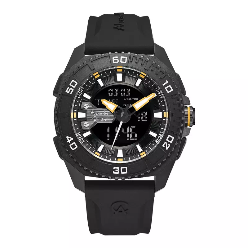 Jam Tangan Pria Alexandre Christie Digi AC 9502 MH RIPBAYL Men Digital Analog Dial Black Rubber Strap