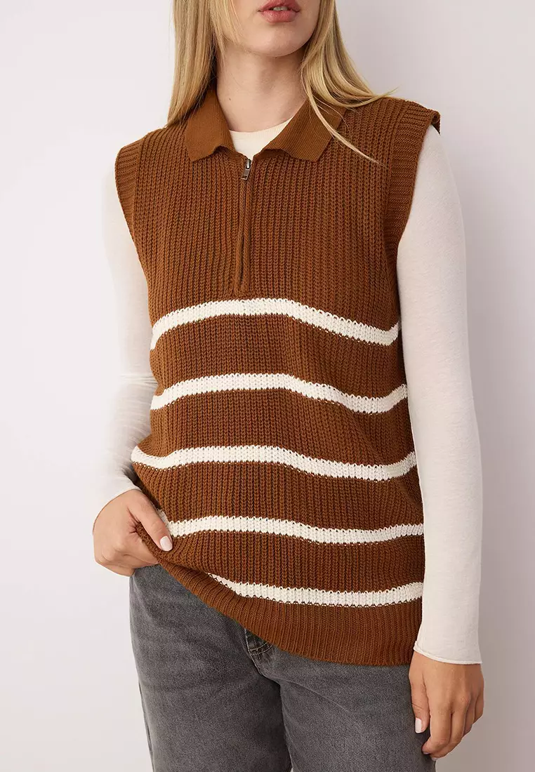Brown Zippered Striped Polo Neck Sweater Sweater