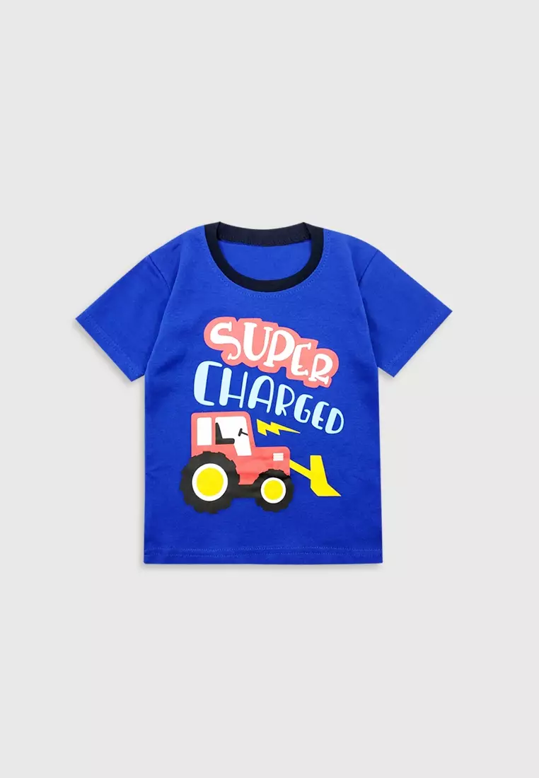 Wakakids Baju Lengan Pendek Bayi Anak Laki Laki Setelan Celana Kaos Tractor 3377 Biru
