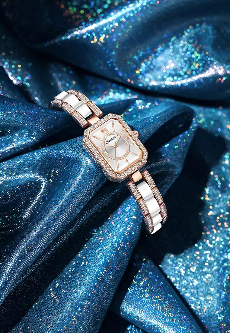 Jam Tangan Wanita Original Korea Kuasar Berlian Square Tali Stainless Steel Anti Air Jam Tangan Cewek silver