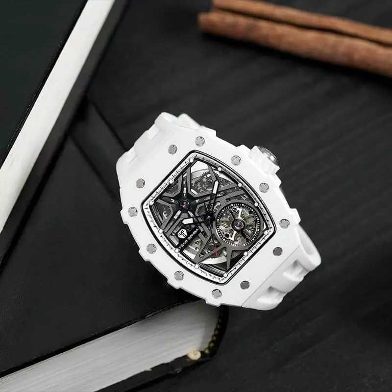 Jam Tangan Pria Tsar Bomba Elemental TB8209C-02 Automatic Luxury Ceramic Skeleton Dial White Rubber Strap