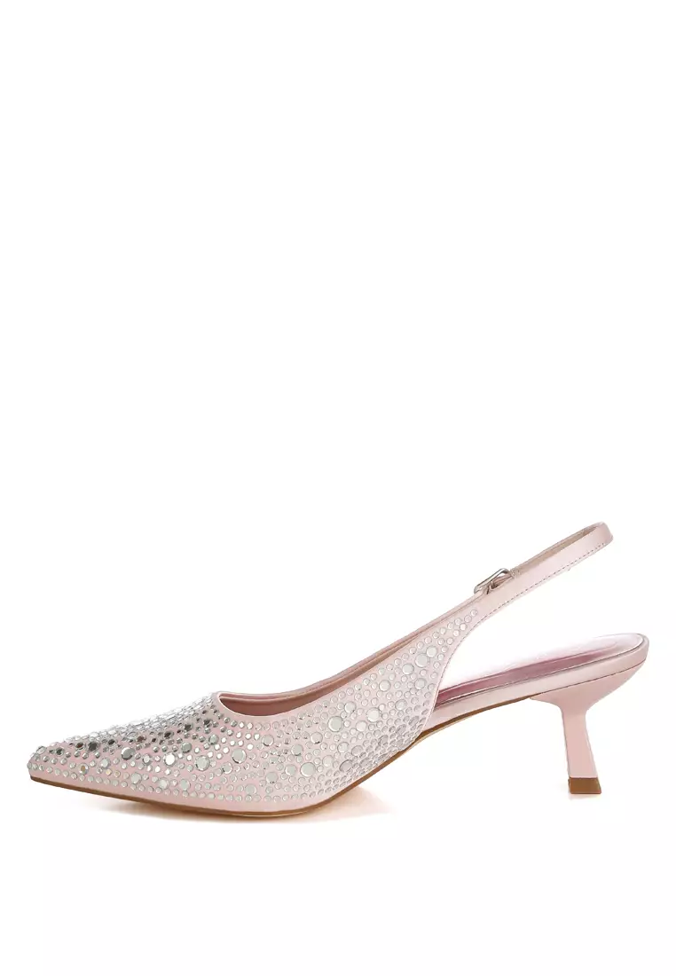 Sepatu Slingback Berhias Berlian Imitasi Ujung Lancip Warna Pink