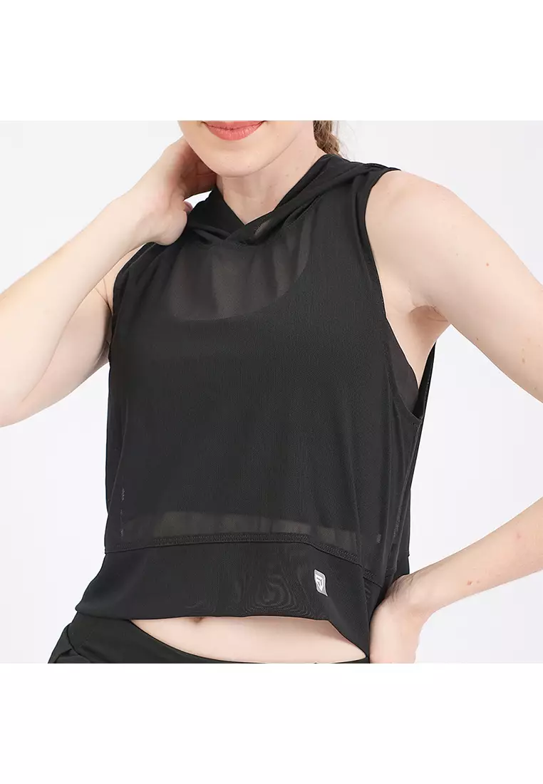 Fitwear - Tanktop Crop Jaring / Mesh / Sheer Olahraga MINDY HOODIE BN -  BLACK