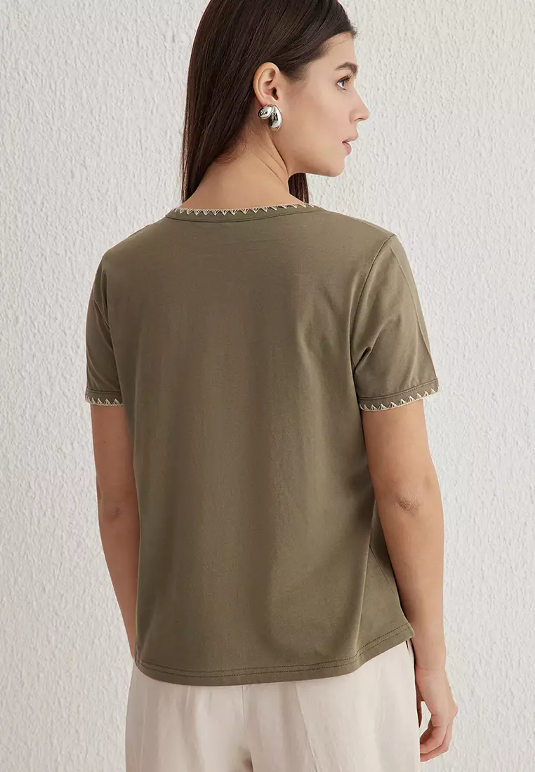 Khaki Contrast Stitch Detail Basic Crew Neck Knitted T-Shirt