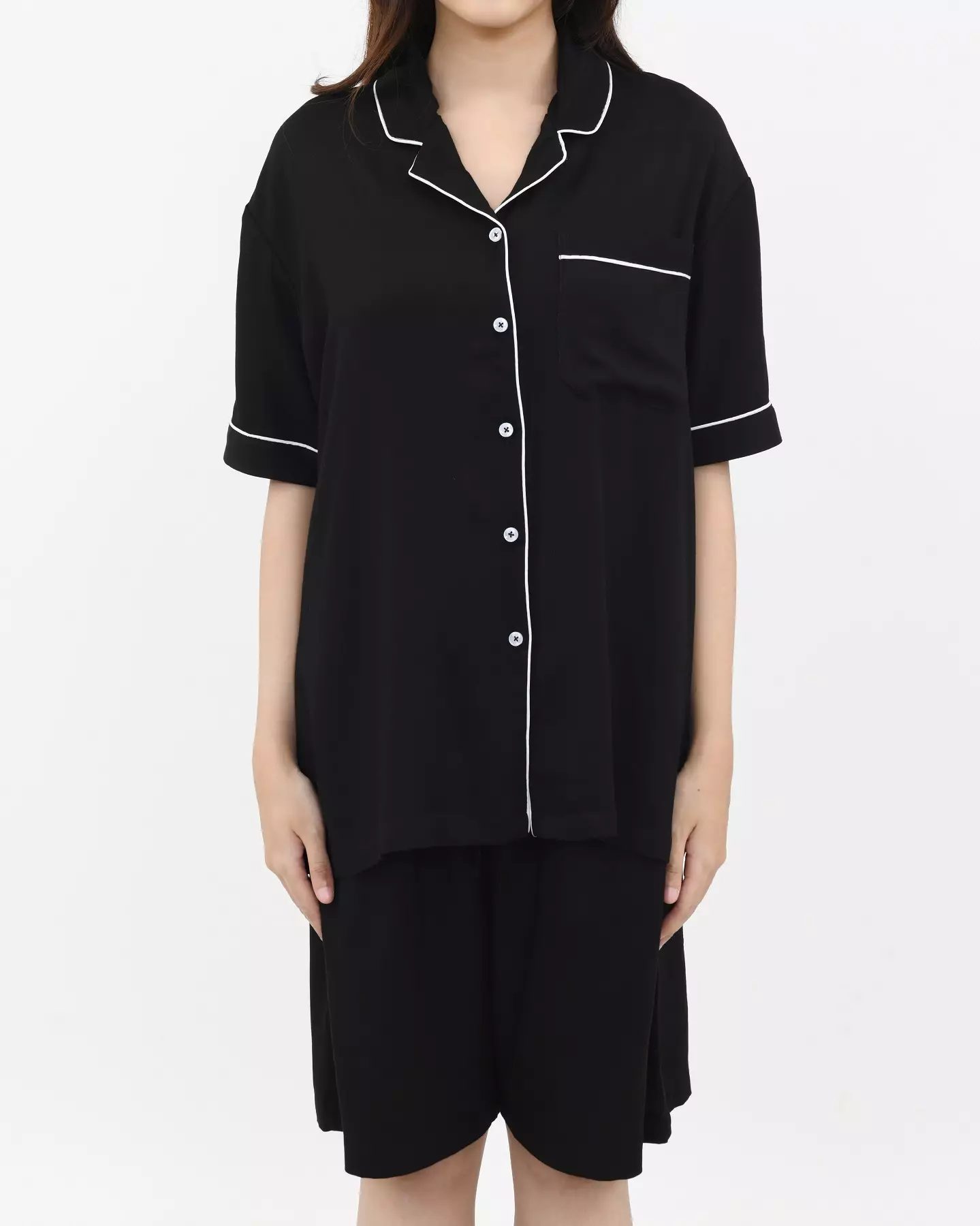 Setelan Piyama Katun Wanita Keisha [HITAM] SIZE L-XXL Baju Tidur Short Sleeve Short Pants Plain Sleepwear