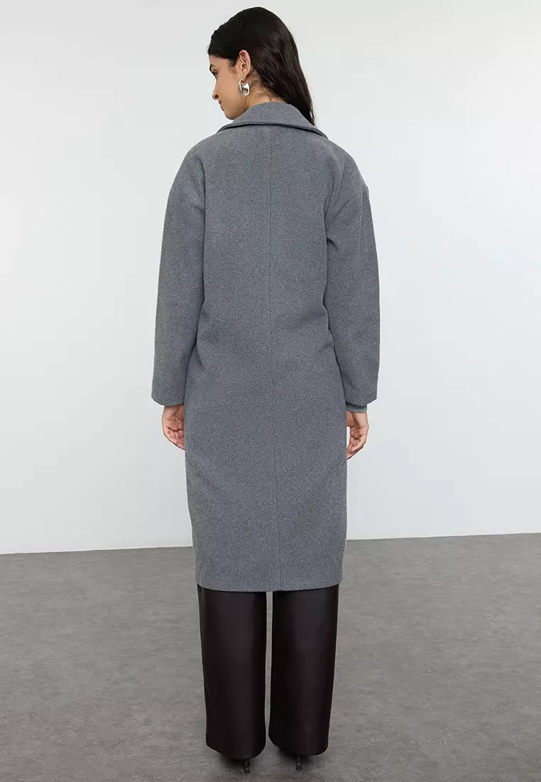 Gray Oversize Wide Cut Long Wool Cashmere Coat TWOAW21KB0038