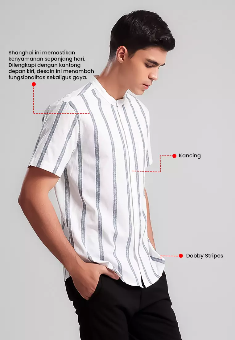 MANZONE - Kemeja Shanghai Lengan Pendek Pria Sadiq Modern Fit - White Warna White